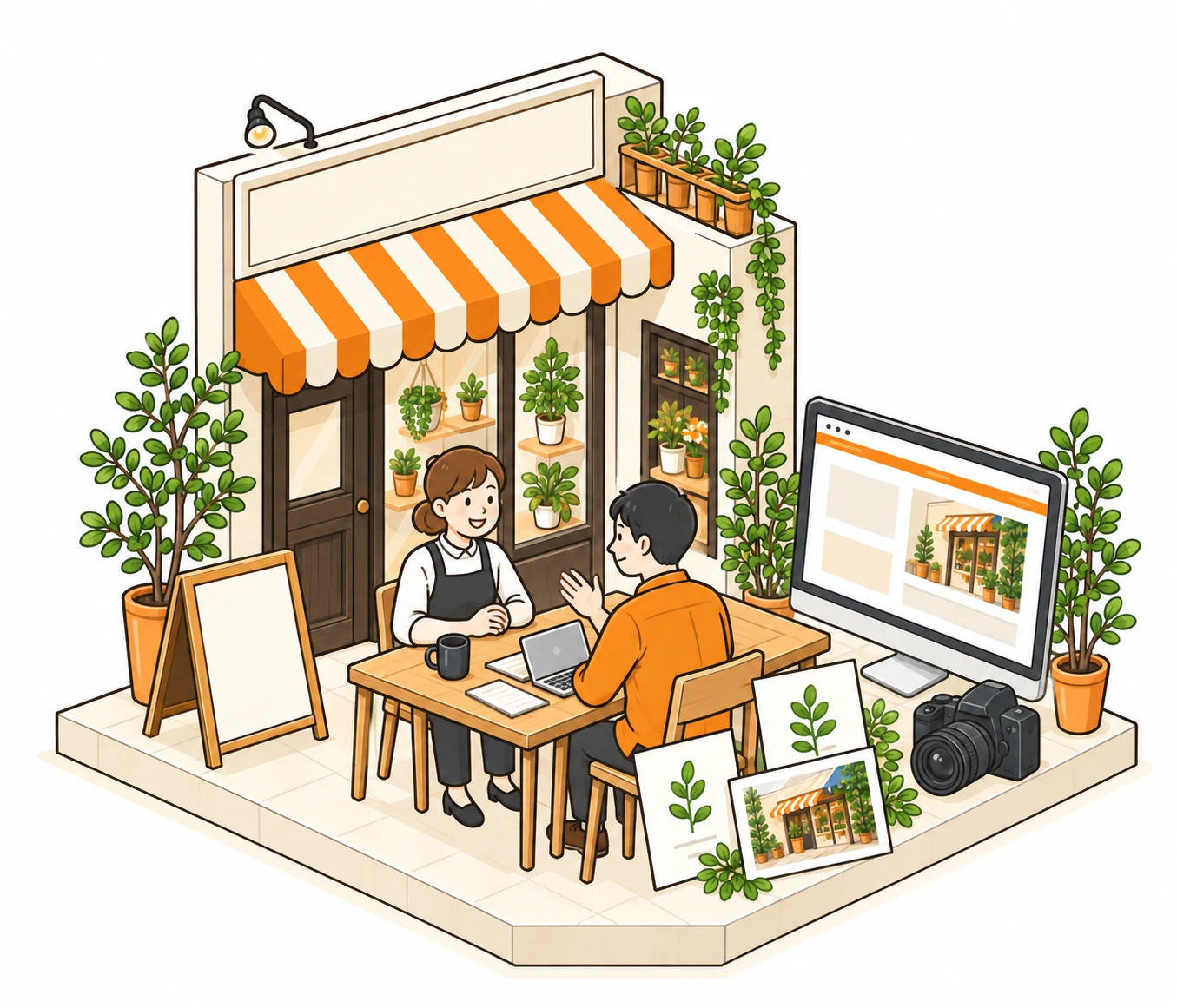 オレンジの庇のお店で、オーナーとデザイナーがお店づくりを相談しているイラスト
